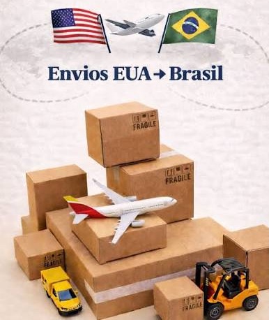 Caixas e avião representando envios dos EUA para o Brasil